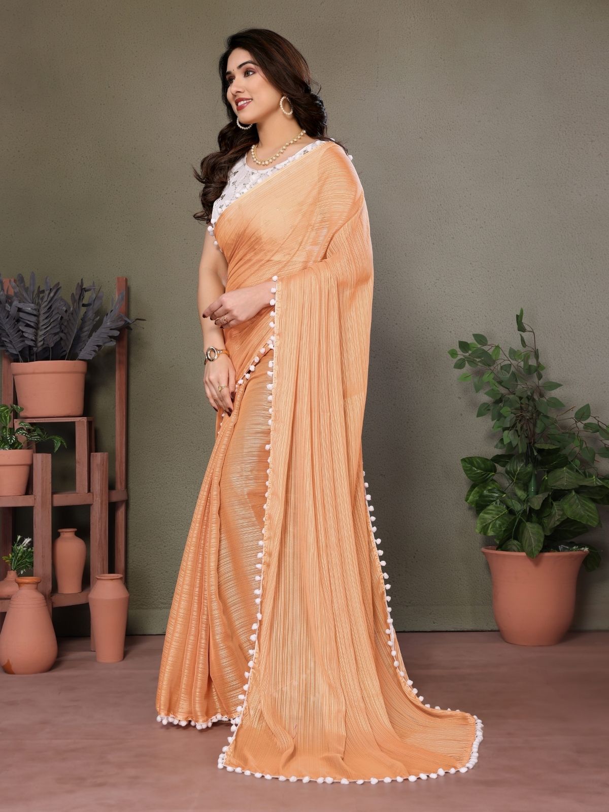 Odette Mustard Banglori Lace Work Saree With Unstitched Blouse For Women