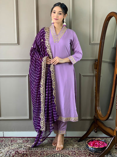 Odette Lavender Silk Blend  Embroidered Stitched Kurta Set for Women