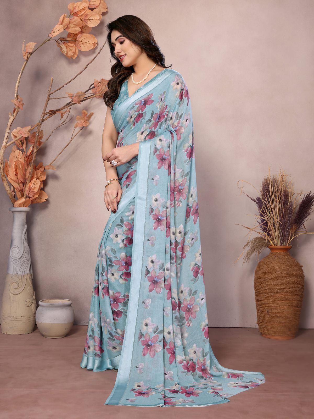 Odette Light Blue Satin Printed Saree With Unstitched Blouse For Women