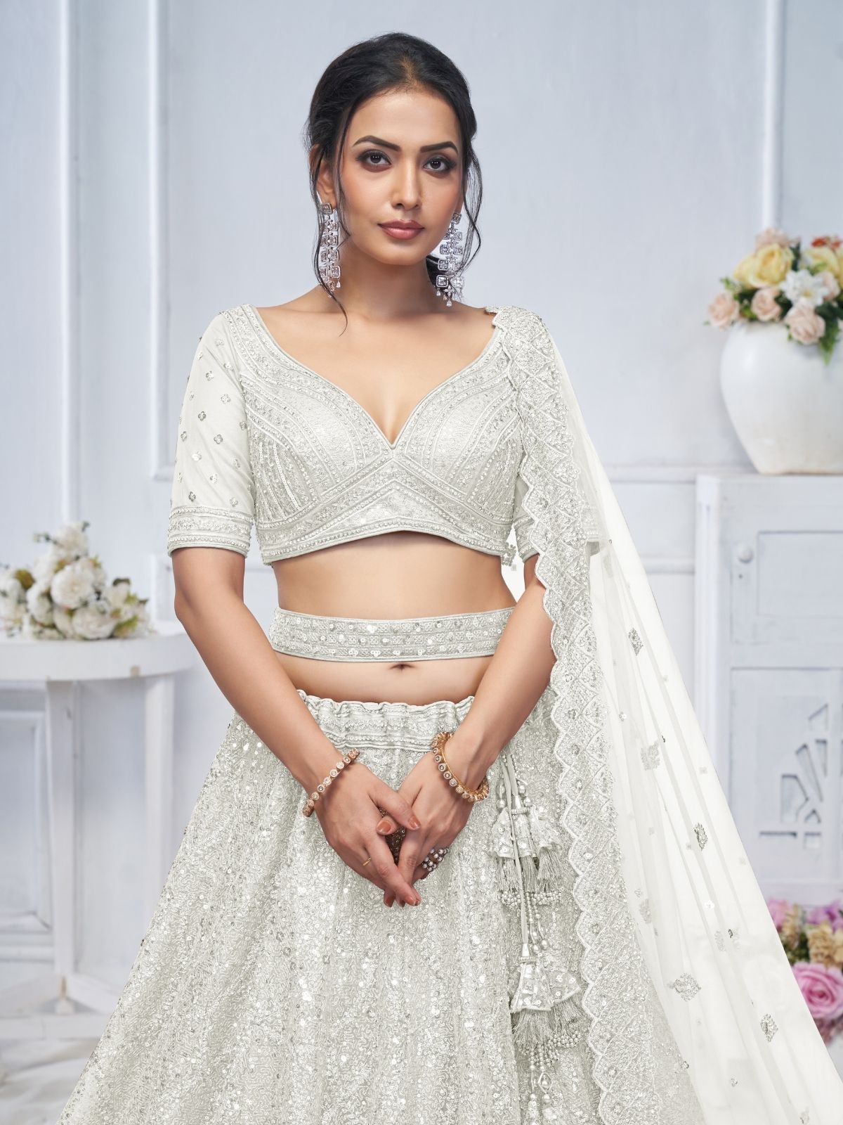 Odette White Soft Net Embellished Semi-Stitched Lehenga With Unstitched Blouse For Women