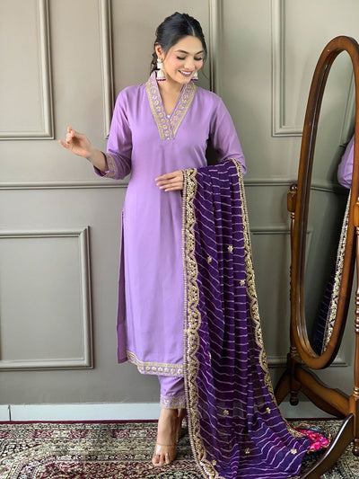 Odette Lavender Silk Blend  Embroidered Stitched Kurta Set for Women