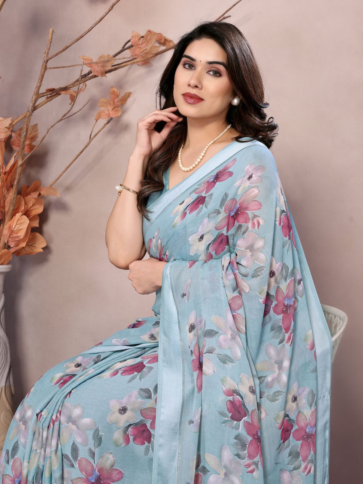 Odette Light Blue Satin Printed Saree With Unstitched Blouse For Women