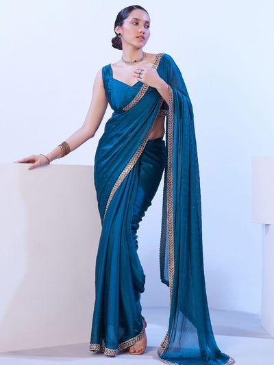 Odette Teal Blue Satin Embellished Lace Work Saree With Unstitched Blouse For Women