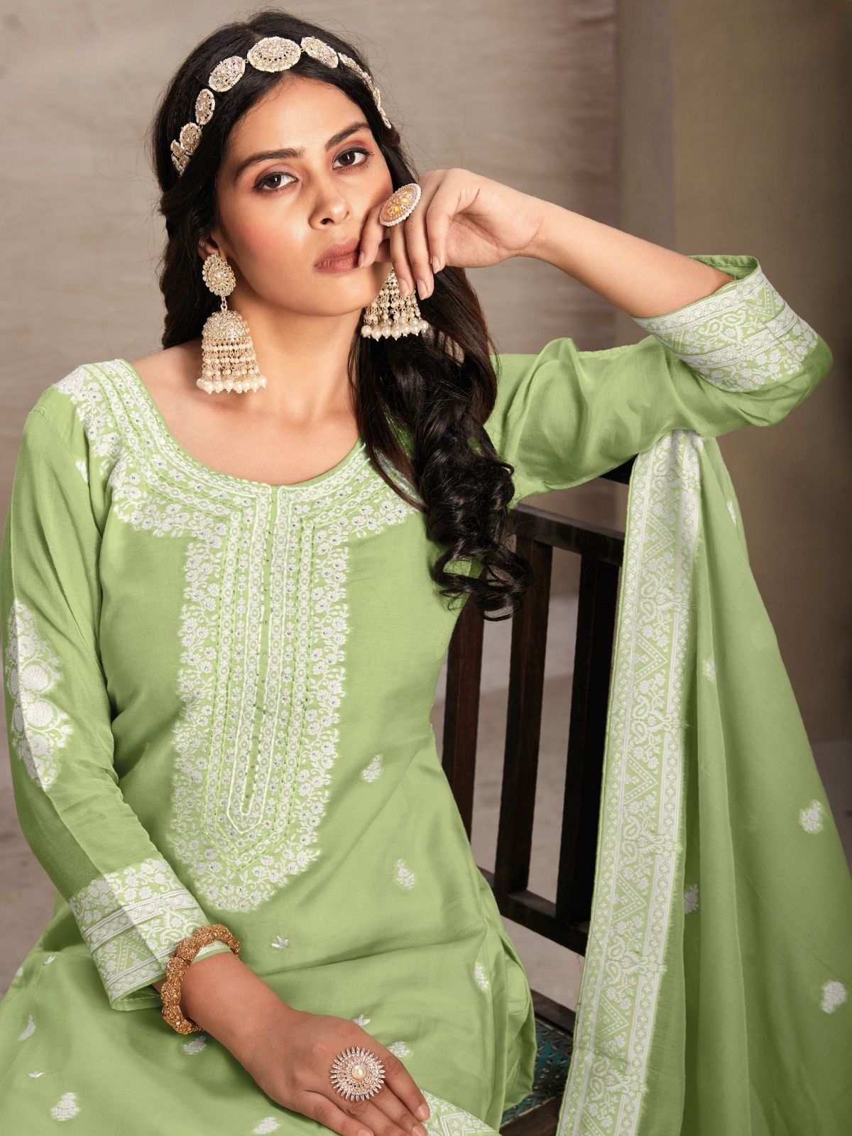 Odette Green Organza Embroidered Semi-Stitched Kurta Set For Women