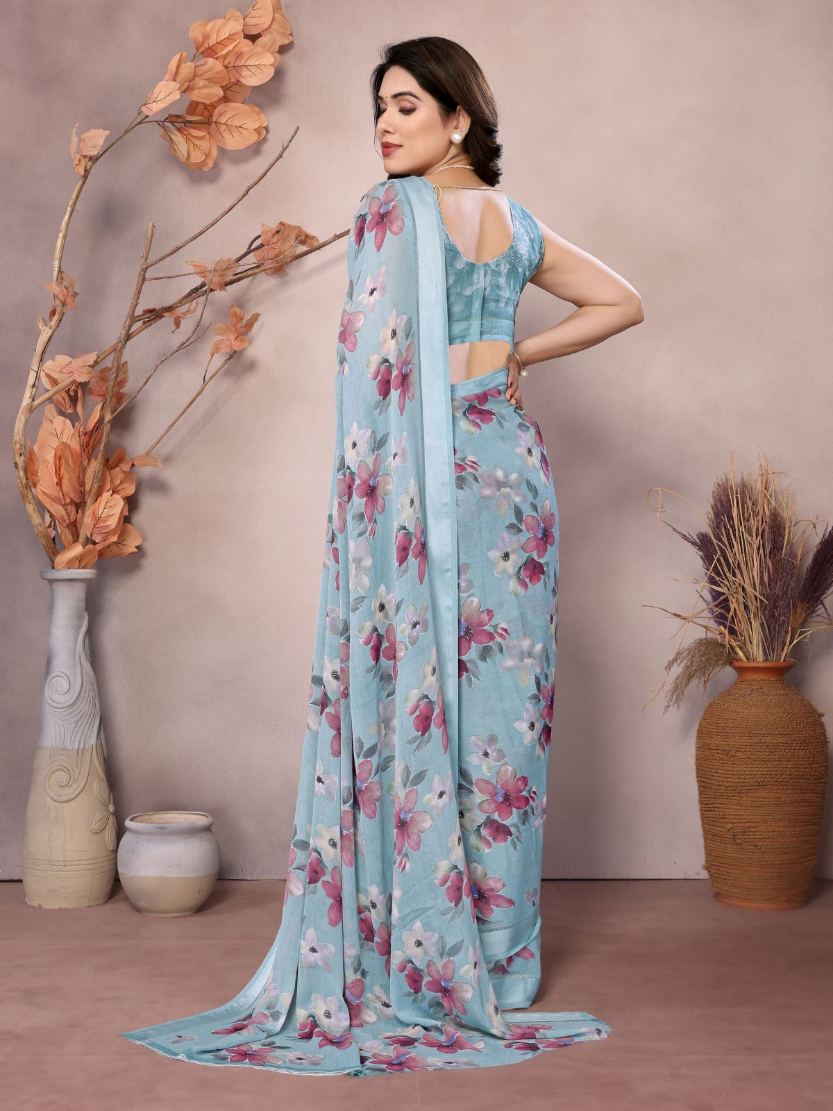 Odette Light Blue Satin Printed Saree With Unstitched Blouse For Women