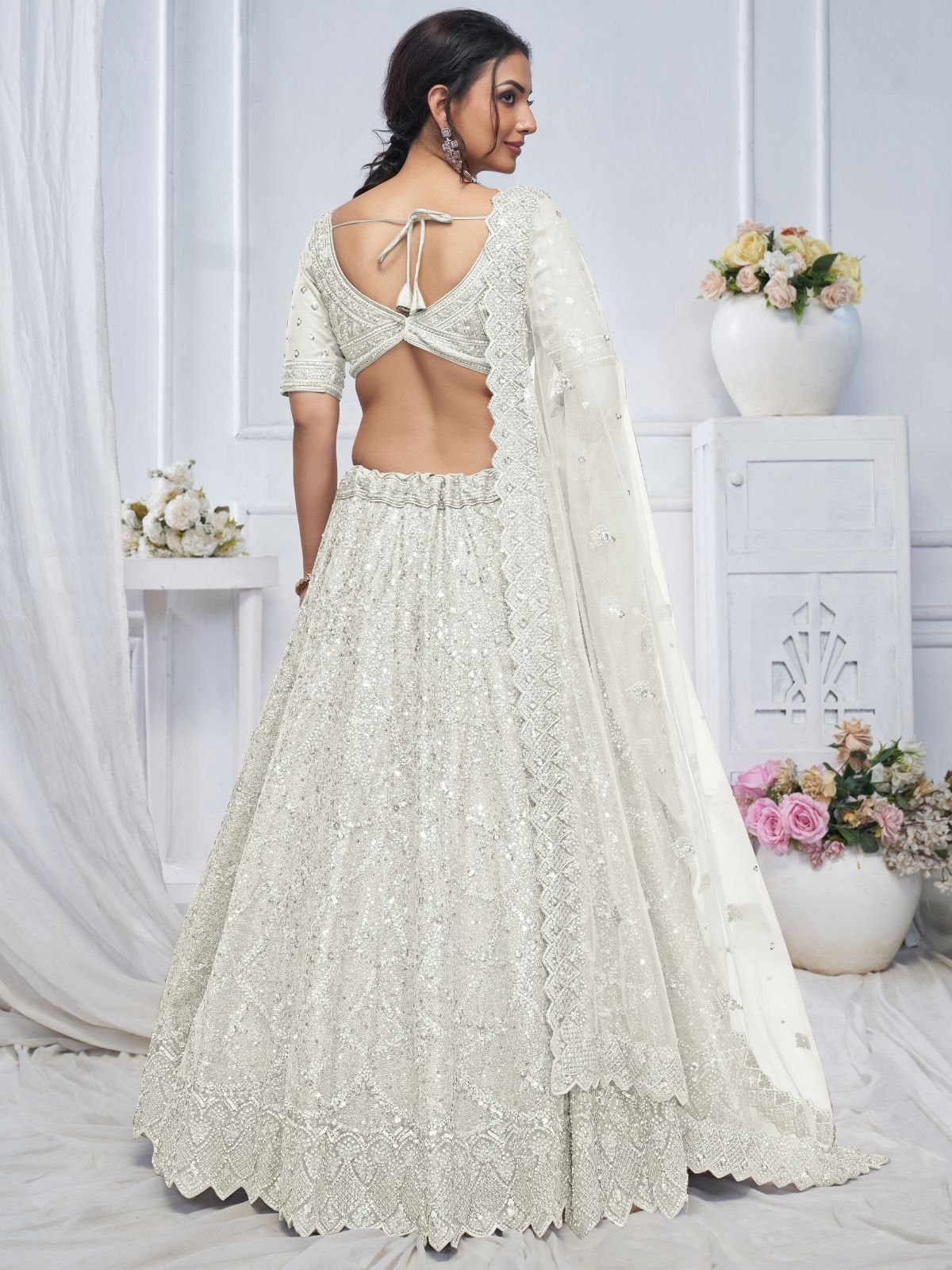 Odette White Soft Net Embellished Semi-Stitched Lehenga With Unstitched Blouse For Women