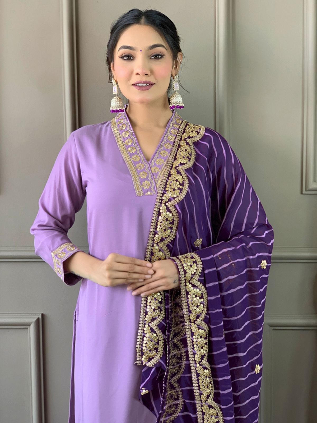 Odette Lavender Silk Blend  Embroidered Stitched Kurta Set for Women