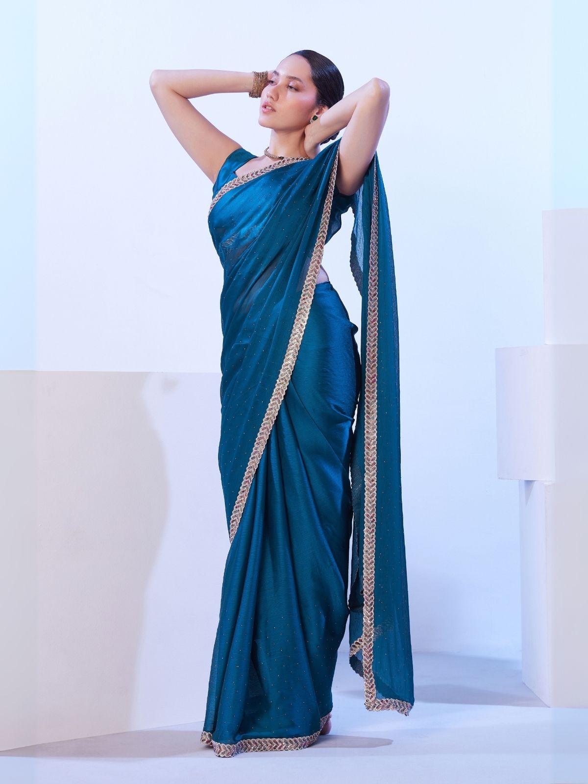 Odette Teal Blue Satin Embellished Lace Work Saree With Unstitched Blouse For Women