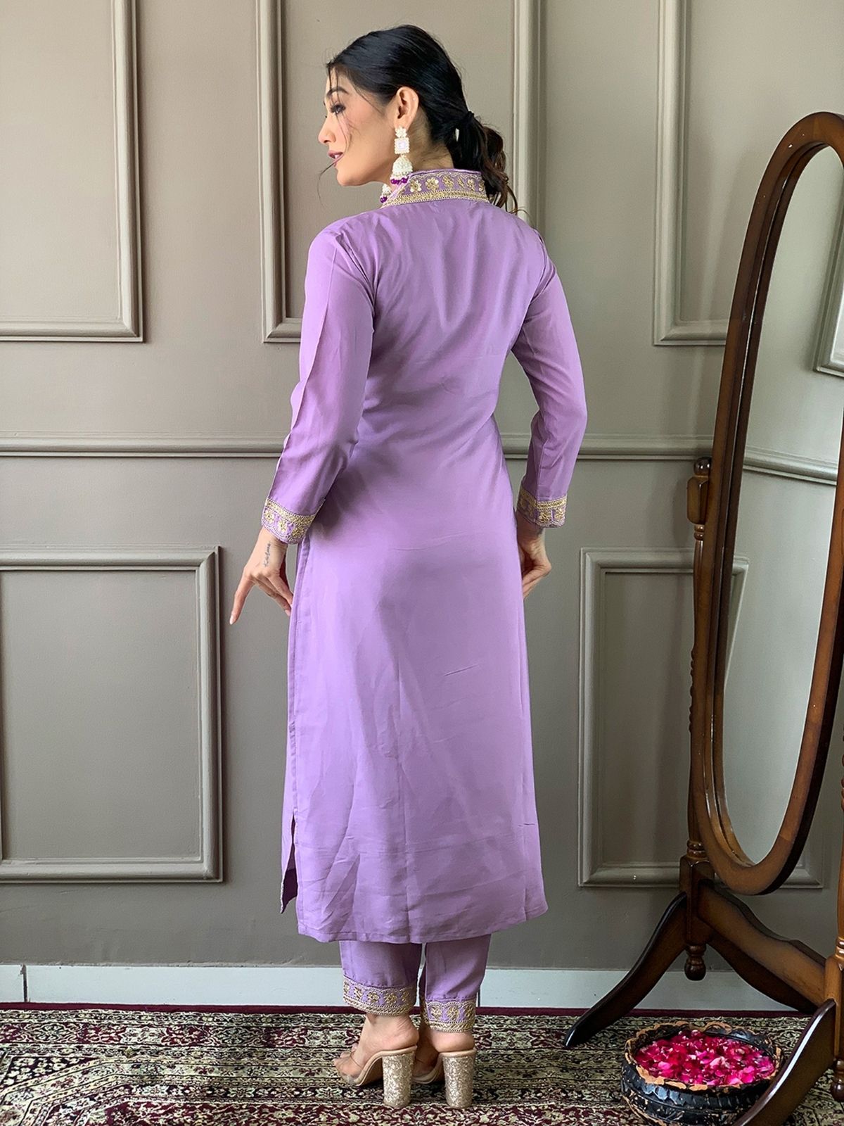 Odette Lavender Silk Blend  Embroidered Stitched Kurta Set for Women