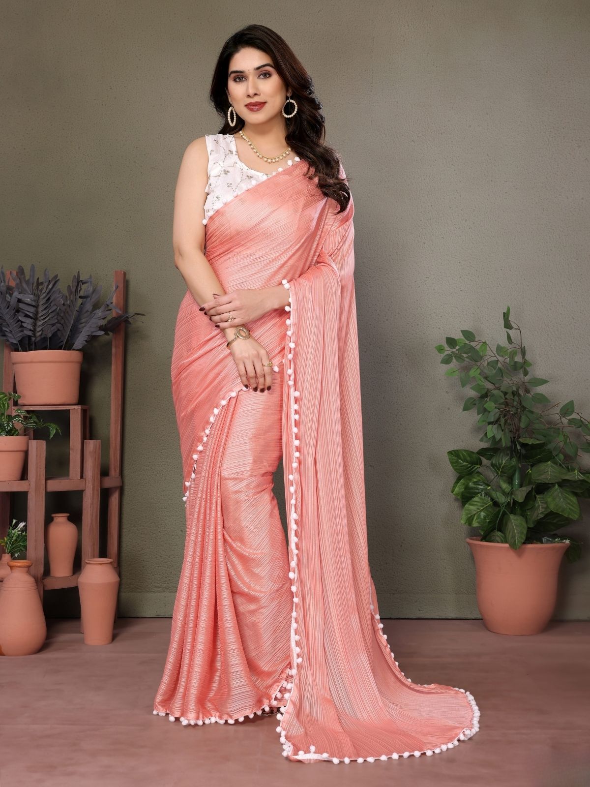 Odette Peach Banglori Lace Work Saree With Unstitched Blouse For Women