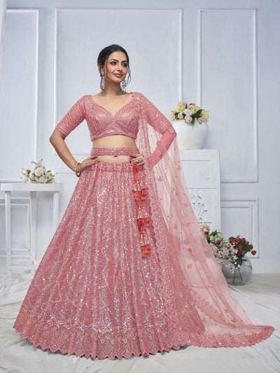 Odette Pink Soft Net Embellished Semi-Stitched Lehenga With Unstitched Blouse For Women