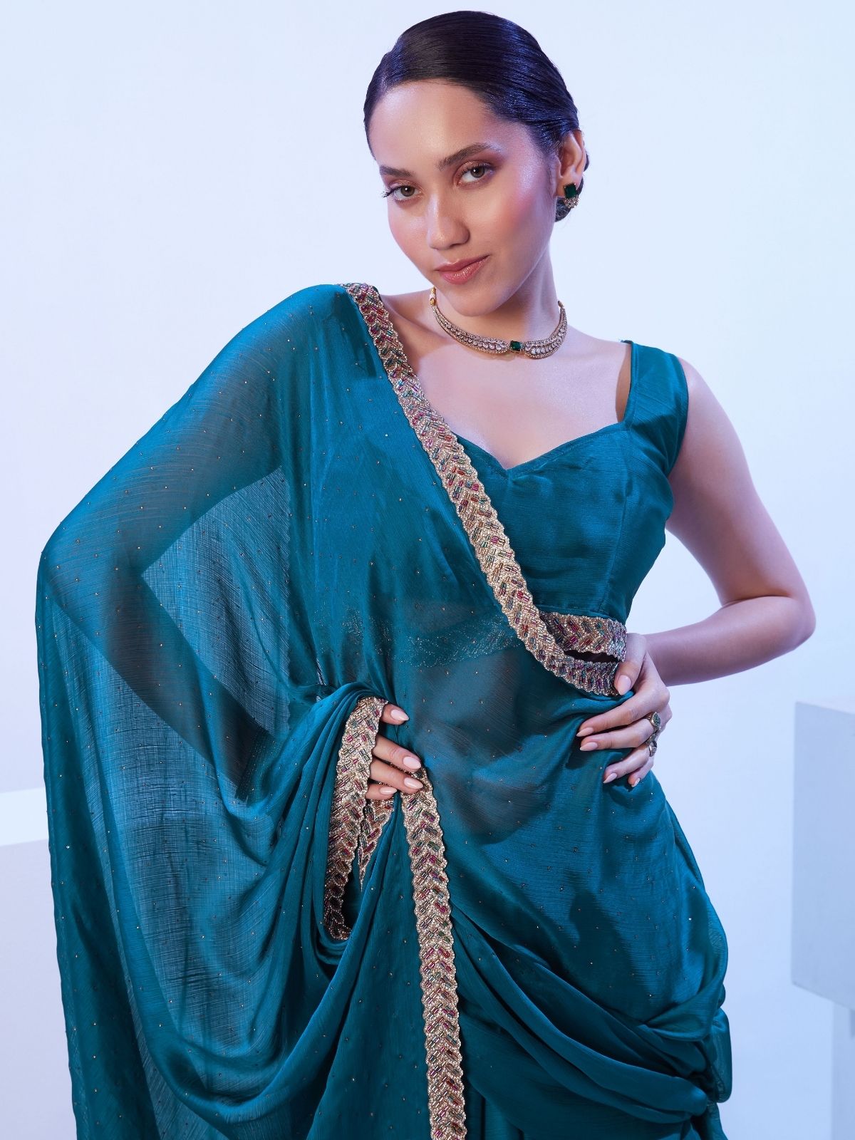 Odette Teal Blue Satin Embellished Lace Work Saree With Unstitched Blouse For Women