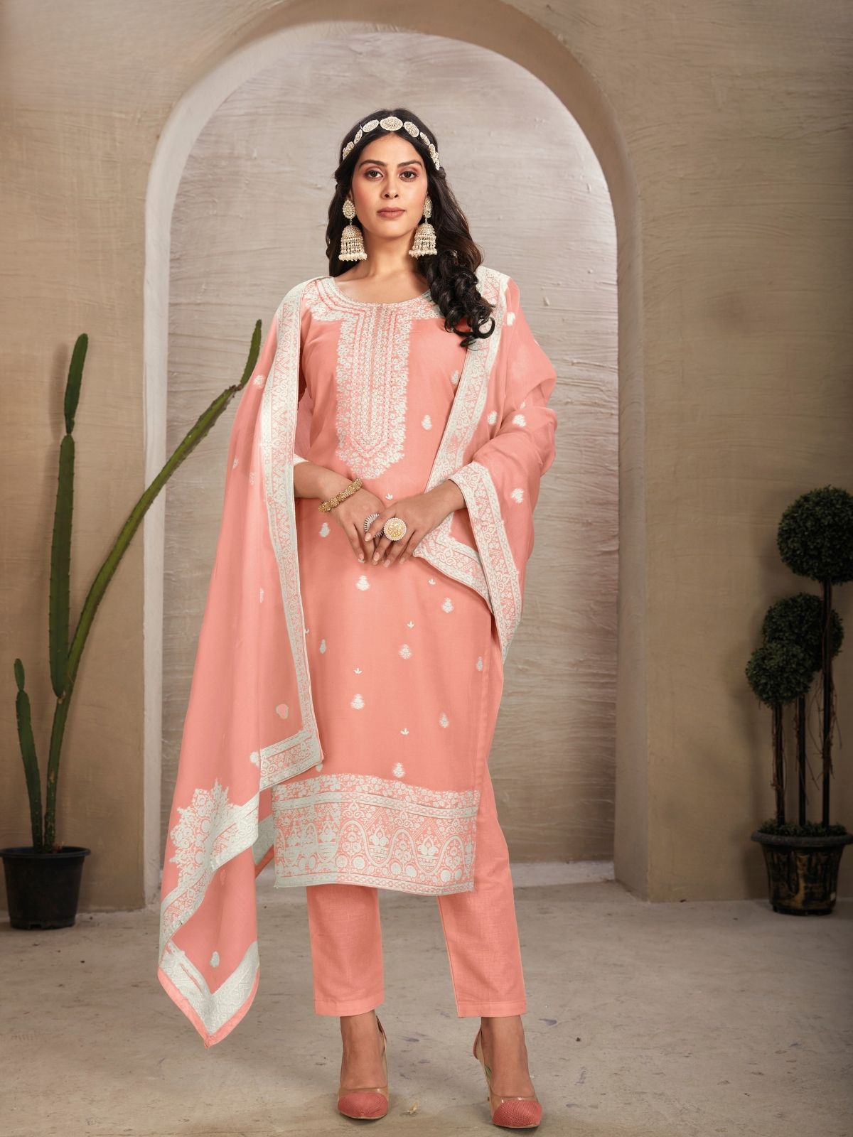 Odette Peach Organza Embroidered Semi-Stitched Kurta Set For Women