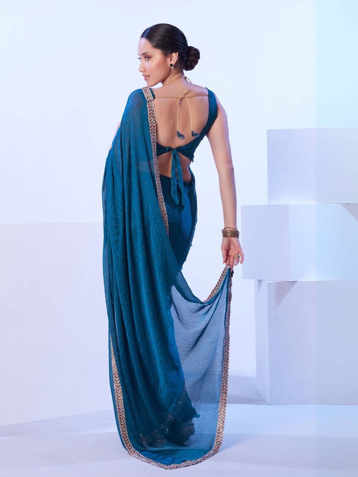 Odette Teal Blue Satin Embellished Lace Work Saree With Unstitched Blouse For Women