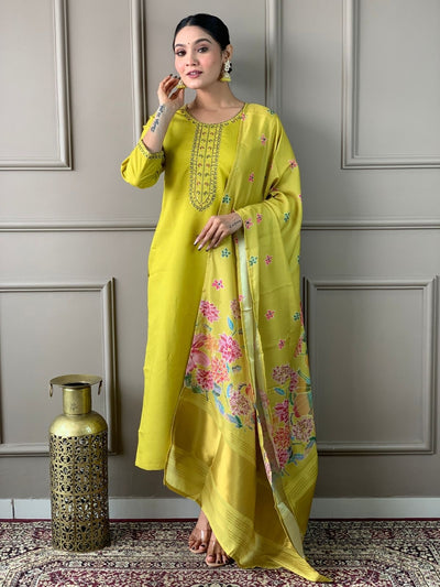 Odette Green Viscose chanderi Embroidered Stitched Kurta Set For Women