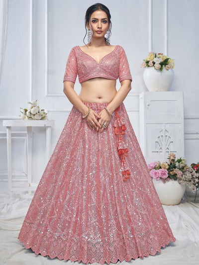 Odette Pink Soft Net Embellished Semi-Stitched Lehenga With Unstitched Blouse For Women