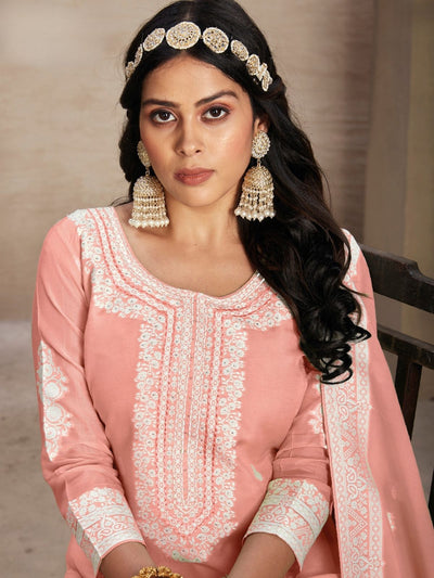 Odette Peach Organza Embroidered Semi-Stitched Kurta Set For Women