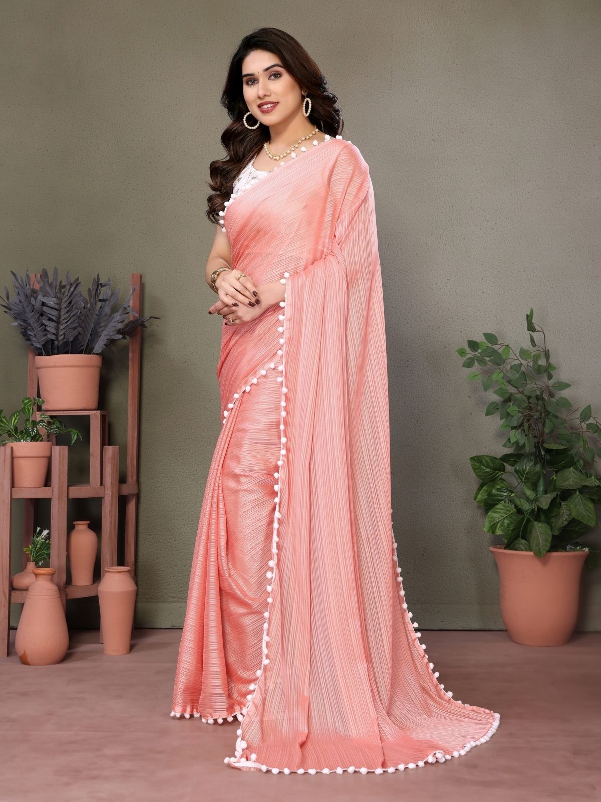 Odette Peach Banglori Lace Work Saree With Unstitched Blouse For Women