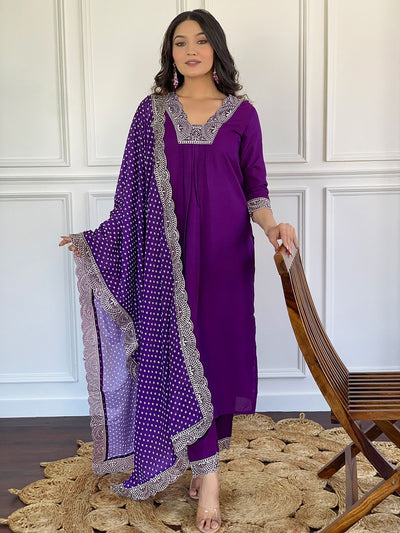 Odette Purple Viscose Lace Work Stitched Kurta Set for Women