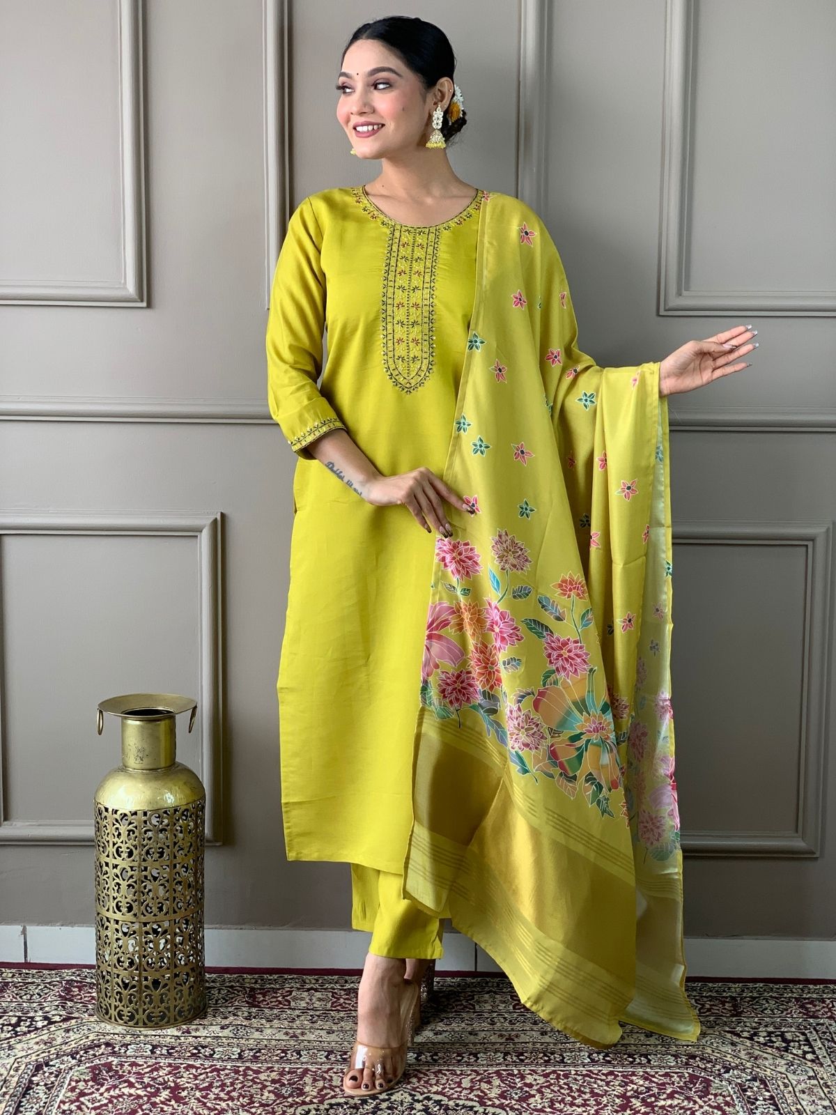 Odette Green Viscose chanderi Embroidered Stitched Kurta Set For Women