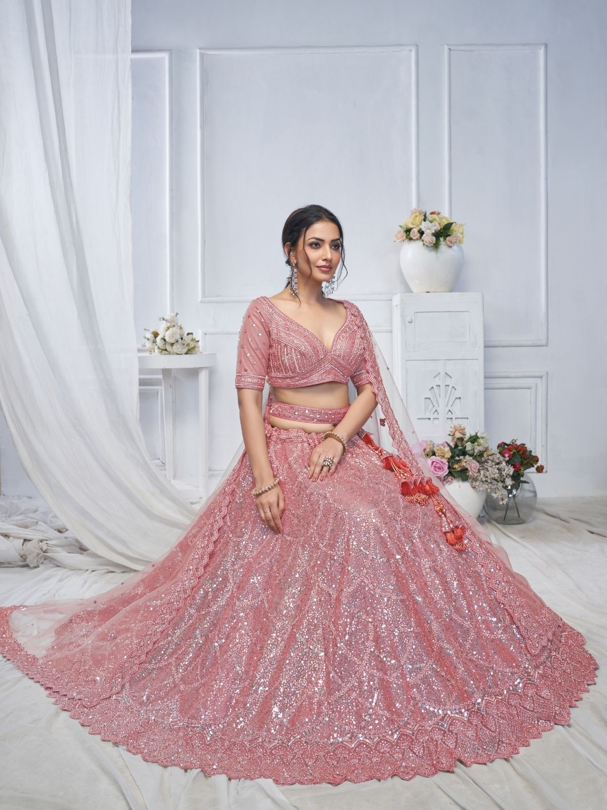 Odette Pink Soft Net Embellished Semi-Stitched Lehenga With Unstitched Blouse For Women