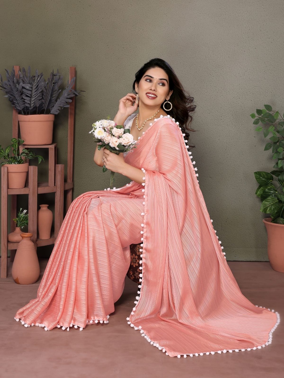 Odette Peach Banglori Lace Work Saree With Unstitched Blouse For Women