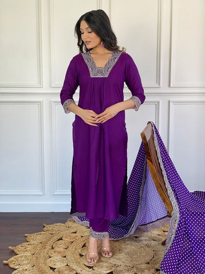 Odette Purple Viscose Lace Work Stitched Kurta Set for Women