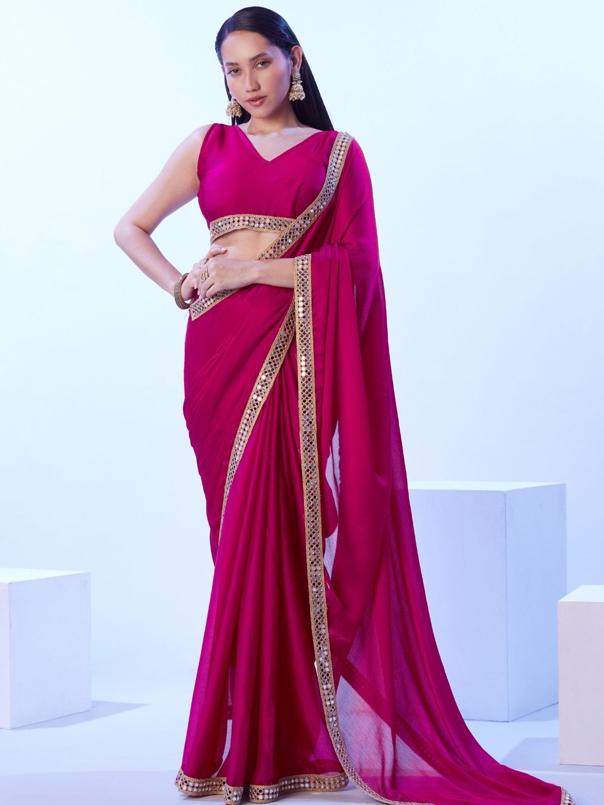 Odette Pink Satin Lace Work Saree With Unstitched Blouse For Women