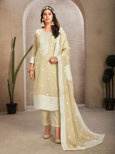 Odette Beige Organza Embroidered Semi-Stitched Kurta Set For Women