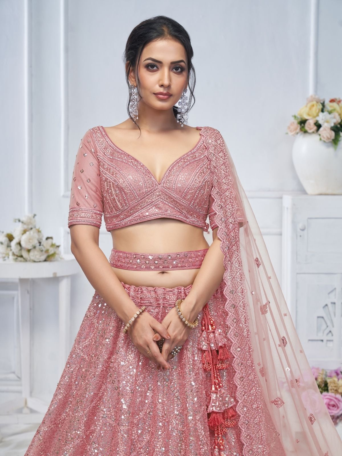 Odette Pink Soft Net Embellished Semi-Stitched Lehenga With Unstitched Blouse For Women