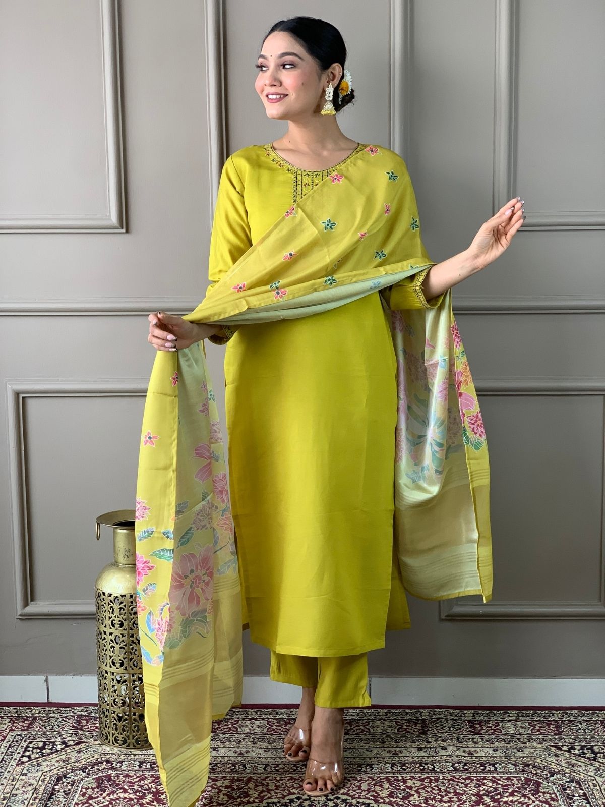 Odette Green Viscose chanderi Embroidered Stitched Kurta Set For Women