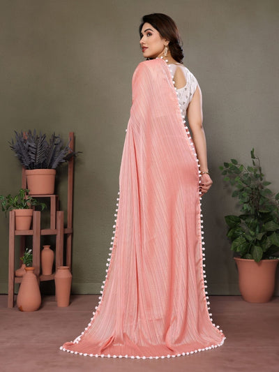 Odette Peach Banglori Lace Work Saree With Unstitched Blouse For Women