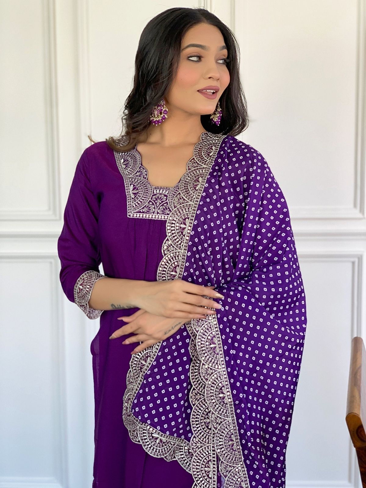 Odette Purple Viscose Lace Work Stitched Kurta Set for Women