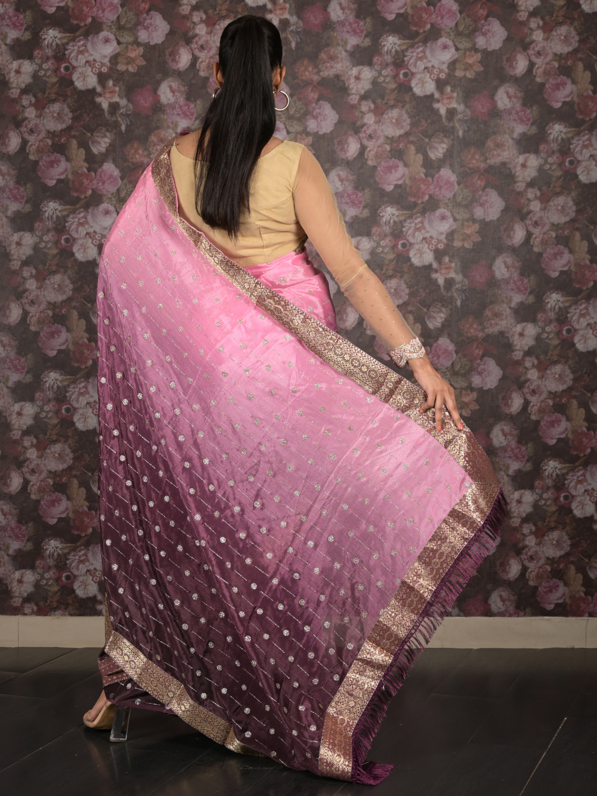 Odette Purple Shimmer Embellished Shaded Crepe Saree with Unstitched Blouse for Women