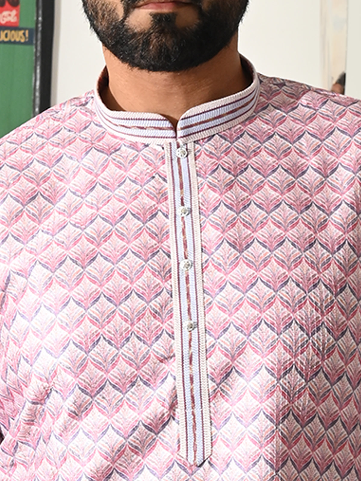 Odette Pink Embroidered Silk Blend Traditional Kurta Set For Men