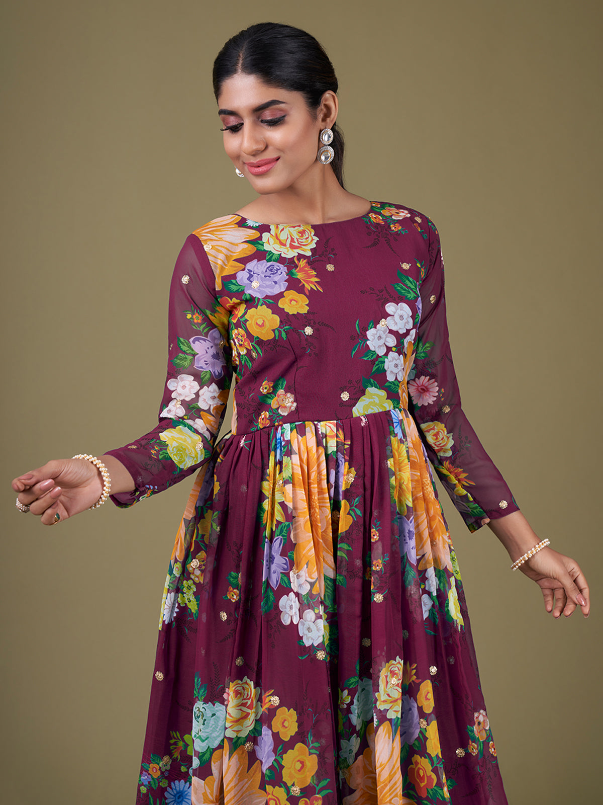 Odette Purple Faux Georgette Printed Semi Stitched Anarkali Kurta Set For Women