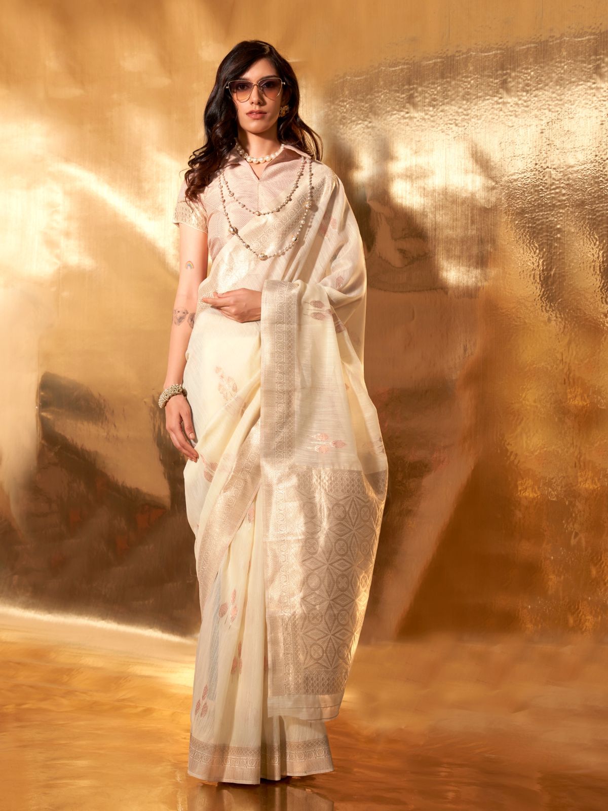 Odette Beige Linen Woven Saree With Unstitched Blouse For Women