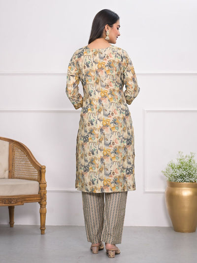 Odette Mustard and grey Chanderi Embroidered And Printed Stitched Kurta Set Without Dupatta For Women