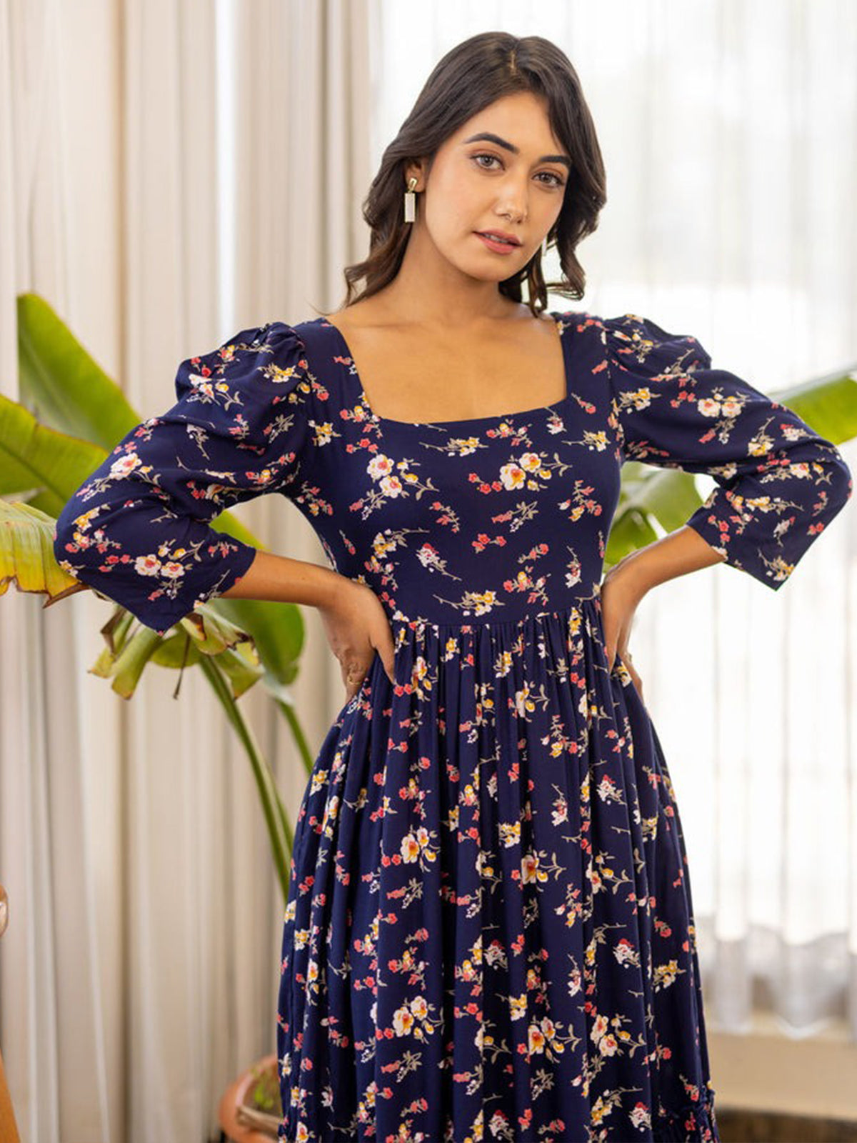 Odette Navy Blue Rayon Stitched Printed Indo Western Dress For Women