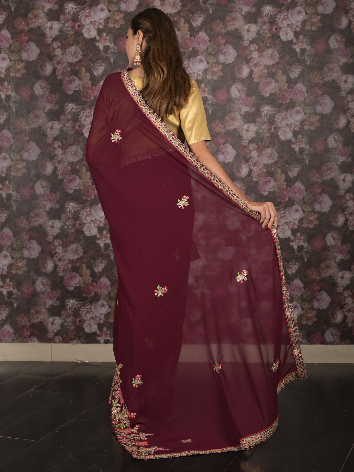 Odette Purple Floral Embroidered Georgette Saree with Unstitched Blouse for Women