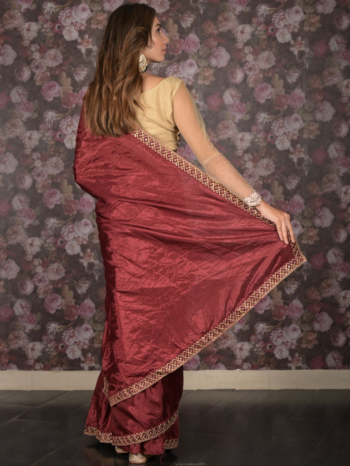 Odette Maroon Embroidered Silk Blend Saree with Unstitched Blouse for Women