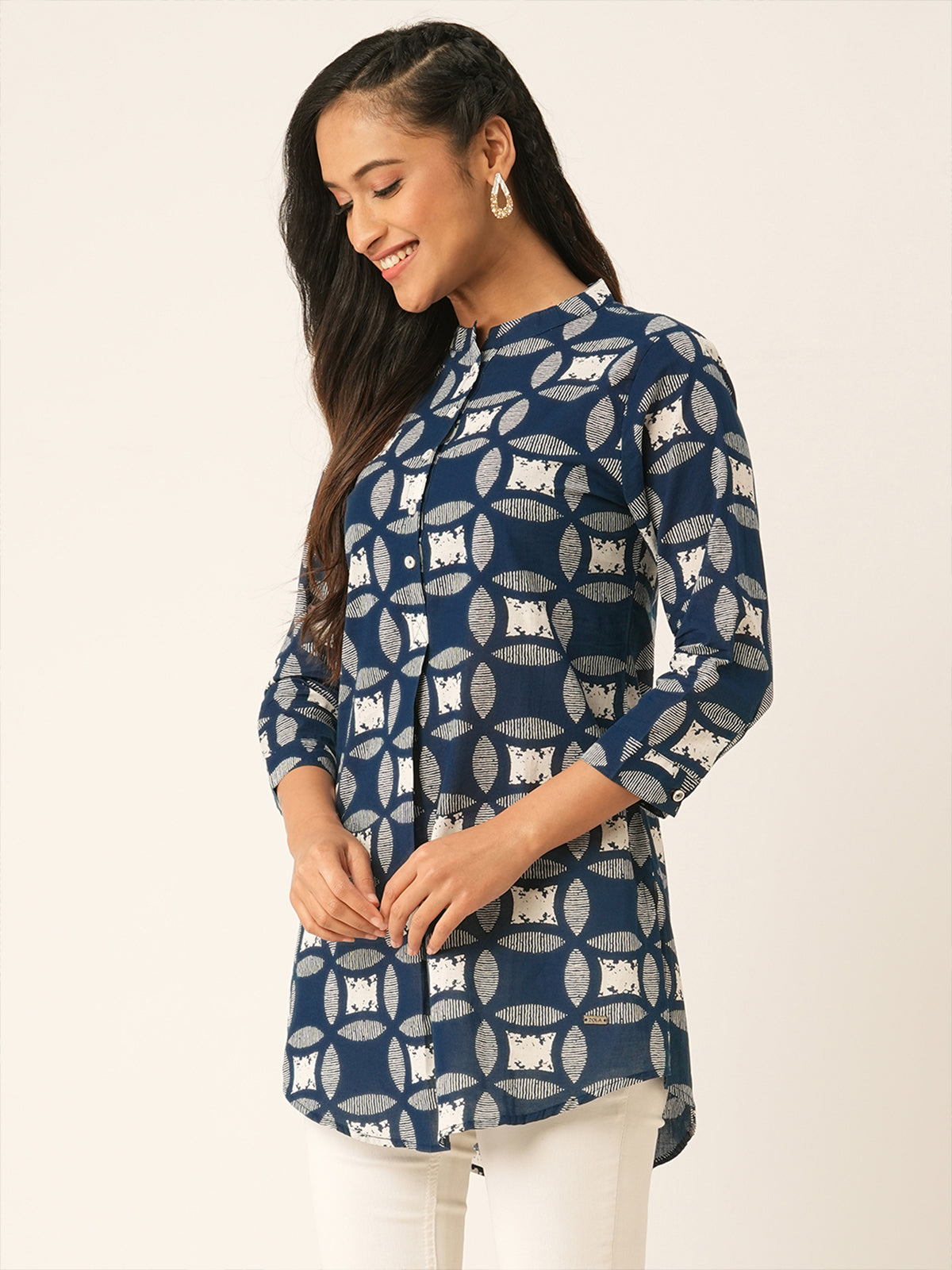 Odette Blue Printed Rayon Stitched Short Kurta For Women