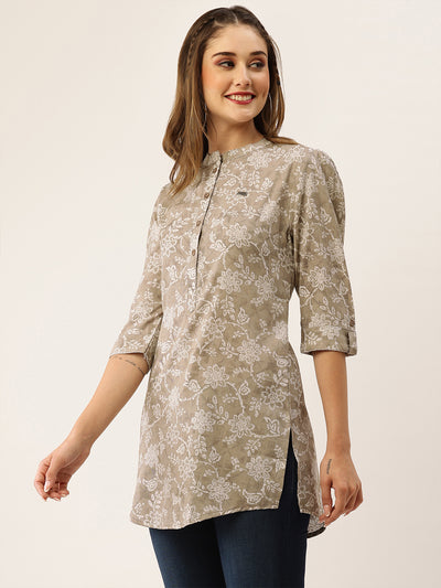 Odette Brown Printed Rayon Stitched Short Kurta For Women