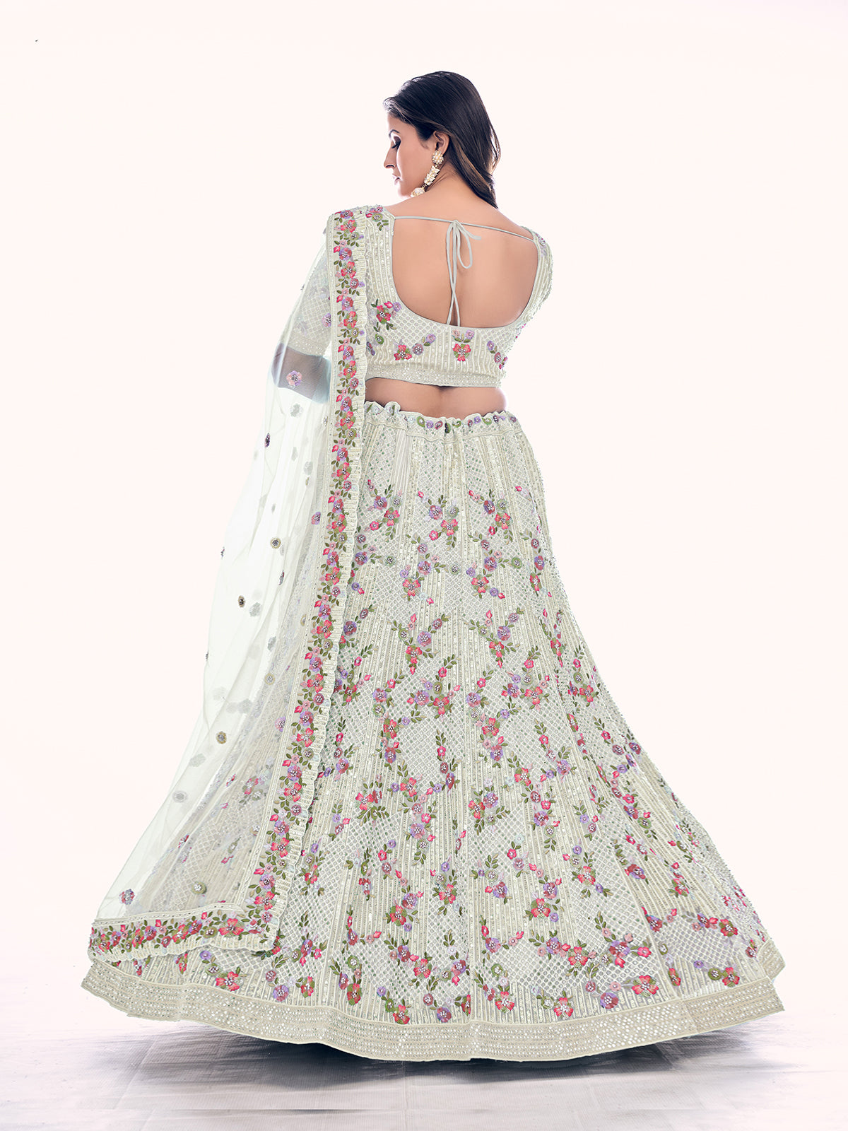 Odette White Embroidered Soft Net Semi Stitched Lehenga With Blouse For Women