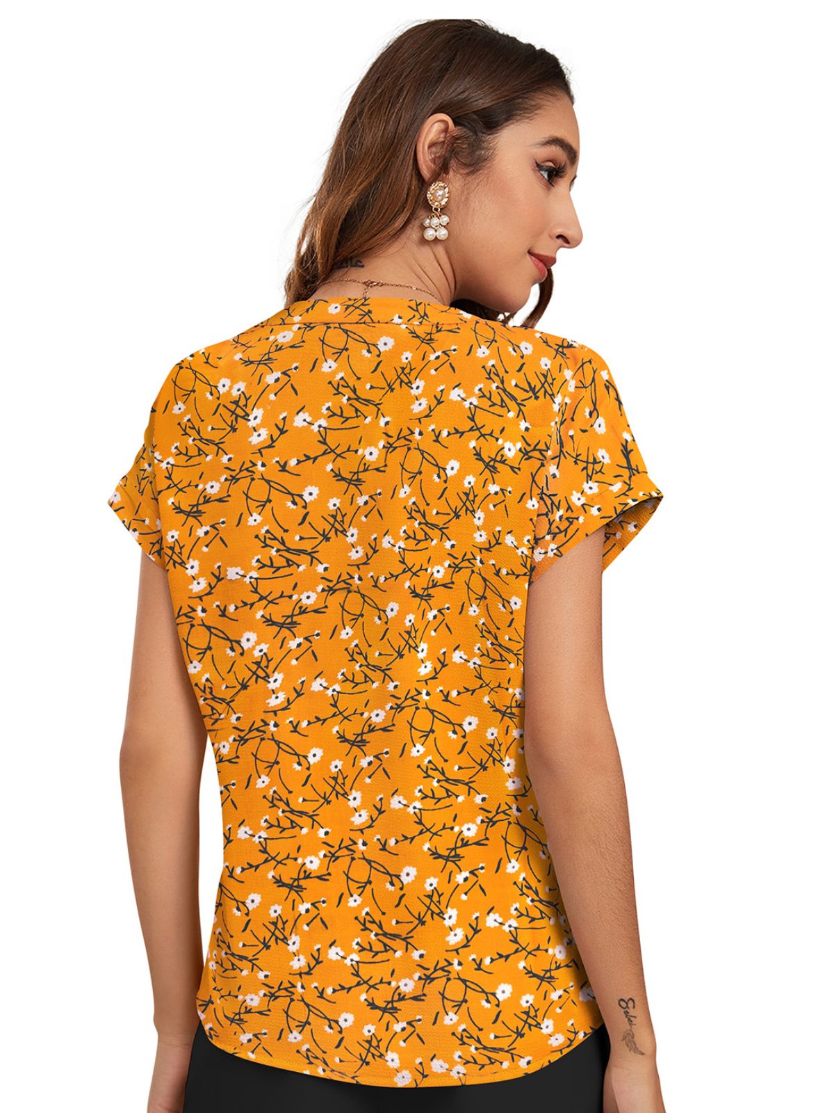 Odette Yellow Cotton Blend Printed Top For Women