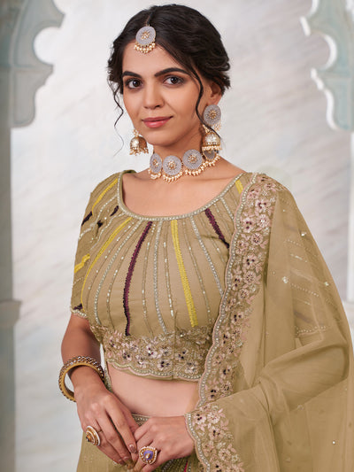 Odette Brown Net Embroidered Semi Stitched Lehenga With Unstitched Blouse for Women