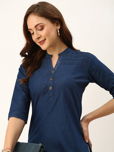 Odette Blue Solid Denim Stitched Short Kurta For Women