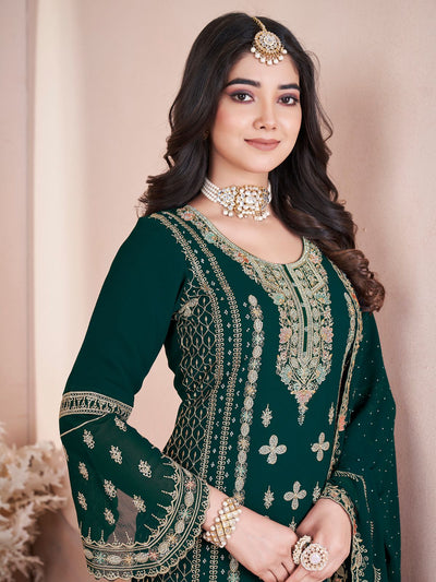 Odette Dark Green Georgette Embroidered Stitched Kurta Set For Women