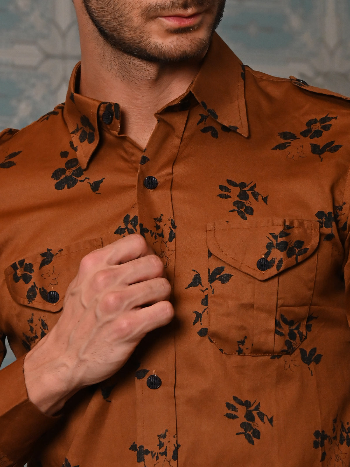 Odette Brown Floral Printed Cotton Hunting Shirt for Men