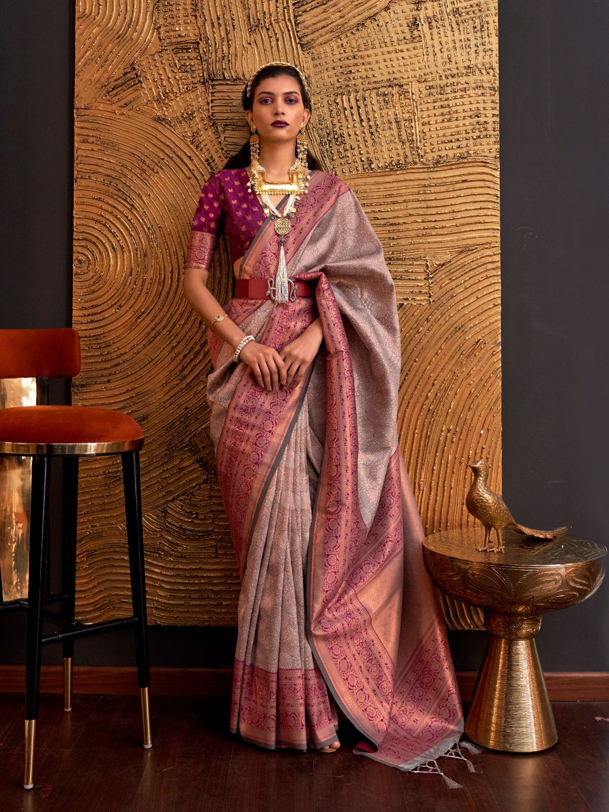 Odette Grey Silk Blend Woven Saree With Unstitched Blouse For Women